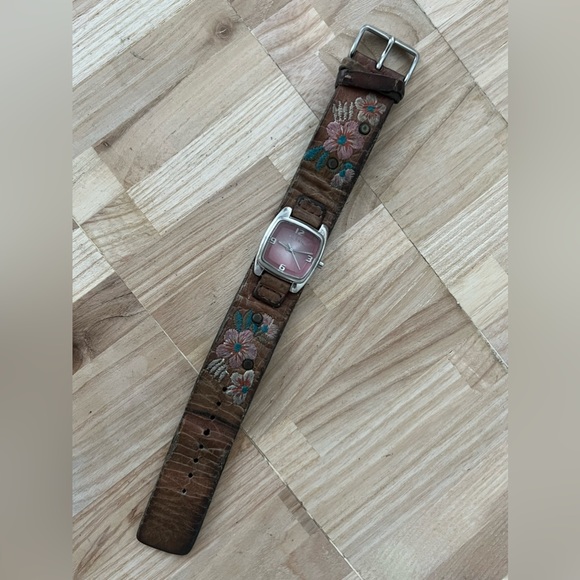 Fossil Ladies Watch Brown Embroidered Leather Strap Rectangular Pink Dial - Picture 7 of 12